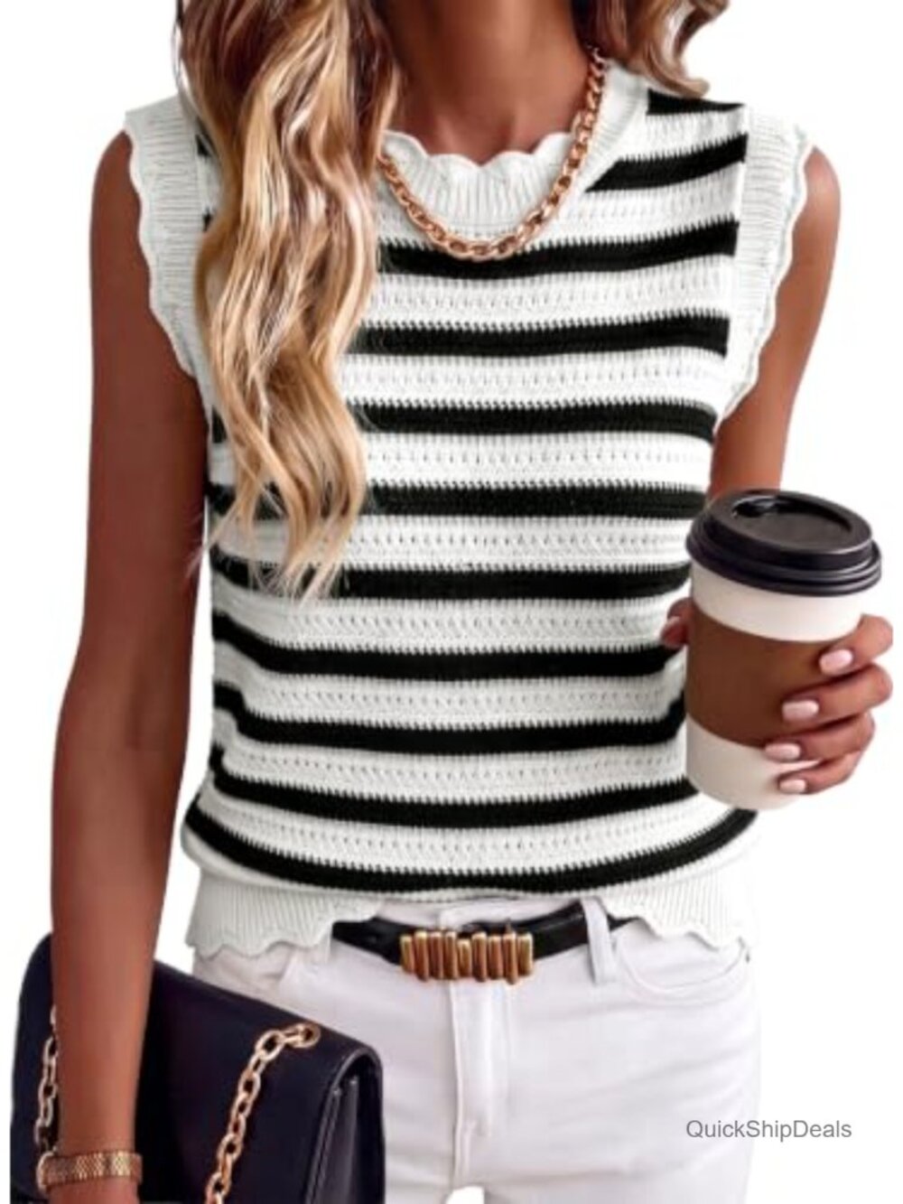 Striped Knit Sweater Vest Sleeveless Loose Fit Cropped Casual Top